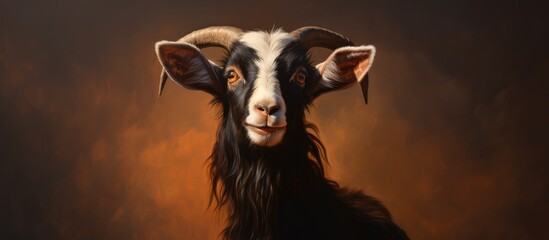 This painting depicts a domestic goat with long, flowing hair. The goat is portrayed in a realistic style, showcasing its unique features and charming appearance.
