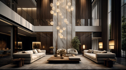 A modern living room is illuminated by statement lighting fixtures 