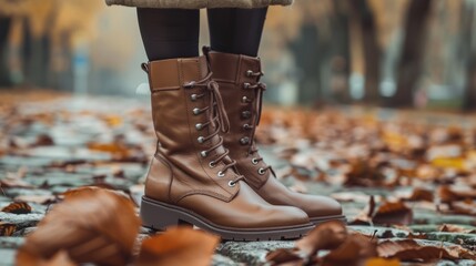 Young woman in comfortable women's genuine leather boots close-up. New collection of winter shoes for stylish girls. Fashionable women's stylish leather boots.