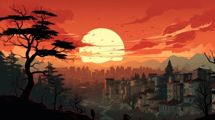 A vibrant sunset casting warm hues over the silhouette of a cityscape