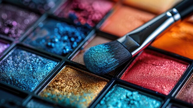 Close-up of vibrant eyeshadow palette with a brush touching one of the colors