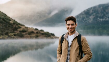 Young Man Explorer with a yellow dress middle the fog and mountains an amazing landscape looking and smiling at camera