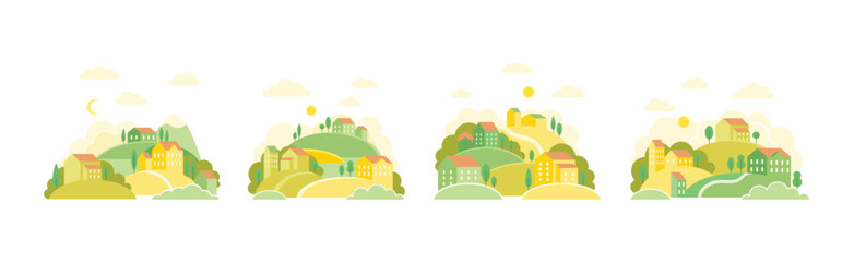 Small Town Scenes with House on Hills with Tree Vector Set