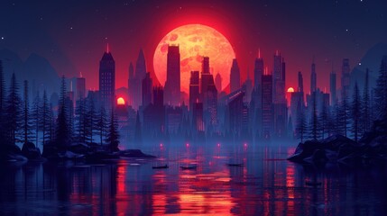 a painting of a city at night with a full moon in the sky and a lake in the foreground.