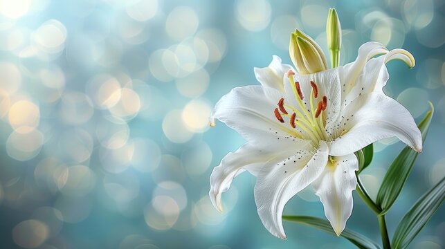a close up of a white lily on a blue background with boke of lights in the backround.