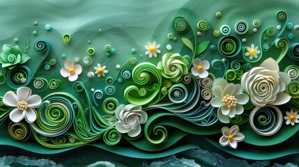 a painting of flowers and swirls on a green and white background with a wave of water in the foreground.