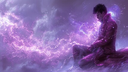 Fototapeta premium a man sitting on top of a rock in the middle of a purple sky with lightning coming out of it.