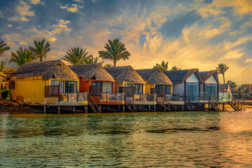 Row of bungalows near the water in El Gouna town, Egypt.