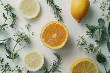 Sliced lemons and orange with herbs and flowers on white background. Flat lay composition with place for text. Freshness and healthy eating concept. Design for banner, poster, wallpaper - obrazy, fototapety, plakaty