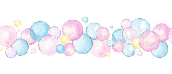 Seamless border of pink, blue, yellow polka dots. Multicolored circle in soft pastel colors. Creative minimalist style. Splashes, bubbles, round doodle spots. Watercolor illustration isolated on white - obrazy, fototapety, plakaty