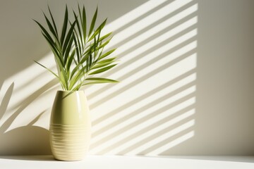Stylish indoor composition with trendy ceramic vase and tropical leaves placed on table against white wall with striped sunlight and shadows, home interior design concept