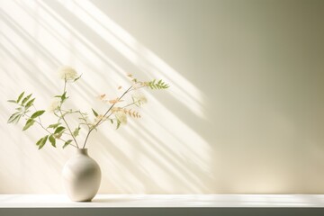 A small white vase with flowers on a shelf against a beige wall, elegant and perfect for home or office decor. Ideal background for website or blog, available for download and versatile use.