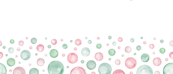 Banner of abstract seamless polka dot. Circle in soft pastel pink, green colors. Creative minimalist style. Splashes, bubbles, round doodle spots. Watercolor illustration isolated on white. © Masha_tolk_art