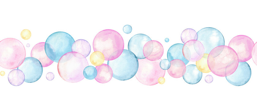 Fototapeta Seamless border of pink, blue, yellow polka dots. Multicolored circle in soft pastel colors. Creative minimalist style. Splashes, bubbles, round doodle spots. Watercolor illustration isolated on white
