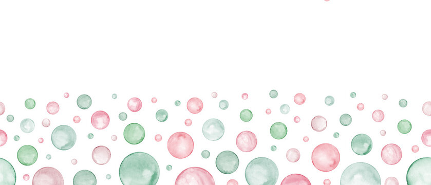 Banner of abstract seamless polka dot. Circle in soft pastel pink, green colors. Creative minimalist style. Splashes, bubbles, round doodle spots. Watercolor illustration isolated on white.