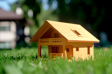 Obraz na płótnie Canvas Wooden model of house on grass, summer outdoor, new home concept