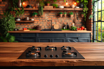 Wooden table surface with modern stove top on blurred background of modern kitchen interior with shelves with tableware - obrazy, fototapety, plakaty