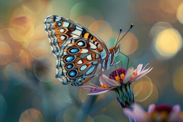 Colorful macro shot of a butterfly sitting on a flower.