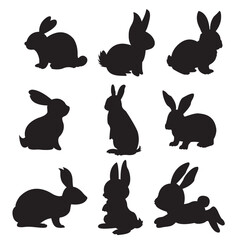 Rabbit silhouettes vector, perfect for Easter, spring celebrations. fluffy bunnies in various poses - hopping, sitting, standing.