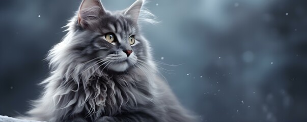 Elegant grey cat showcasing its soft textured fur against a dark backdrop. Concept Pets, Photography, Portraits, Animals - obrazy, fototapety, plakaty