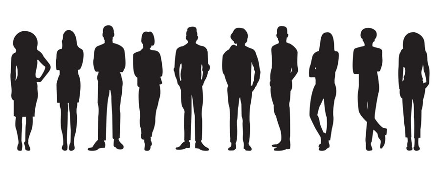 silhouettes of men and  women  vector, a group of standing business people, black color isolated on white background