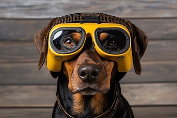 Humorous portrait of a stylish dog wearing yellow glasses, funny photo of a dog pilot