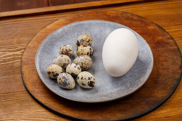 goose and quail eggs on a gray plate on a wooden stand comparison
