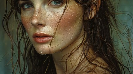 a close up of a woman's face with frecks of water on her face and her hair blowing in the wind.
