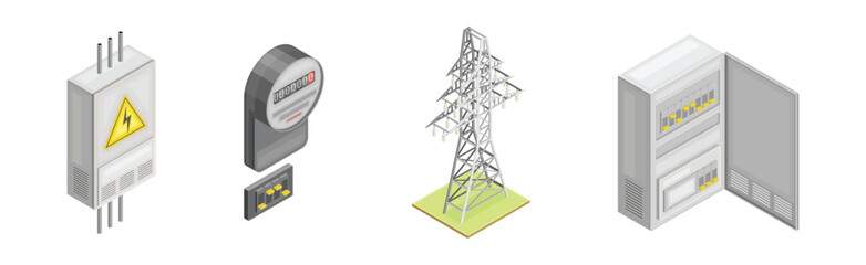 Electric Power and Energy Objects Isometric Vector Set