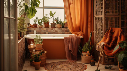 Przytulna łazienka w stylu boho - pomarańczowe i brązowe odcienie wnętrza. Rośliny i wzorzyste tekstylia. Render 3d. Wizualizacja