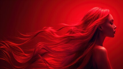 a woman's long red hair is blowing in the wind, with a red background and a red light behind her.