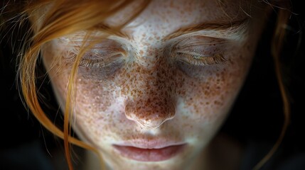 a close up of a woman's face with frecks of freckles on her face and eyes.