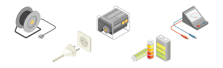 Electric Power and Energy Objects Isometric Vector Set