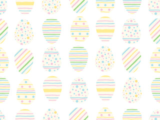 Colorful decorative Easter Eggs in a row. Abstract geometric Hand drawn illustration. Seamless pattern. Spring holiday background. Flat design illustration. Striped Dotted egg