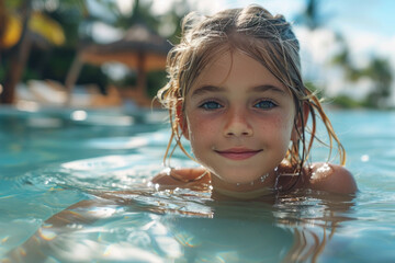 Caucasian child girl swim on tropical sea against the background of palm trees.
