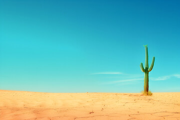 a minimalist desert landscape with a single cactus standing tall against a vast expanse of golden sand under the clear blue sky