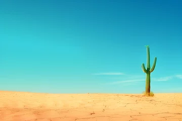 Afwasbaar Fotobehang Turquoise a minimalist desert landscape with a single cactus standing tall against a vast expanse of golden sand under the clear blue sky