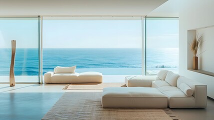 Minimal Luxury Beach house. Home interior living space with ocean view and blue sky, summer freshness travel season window view house design.