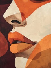 A painting featuring a womans face adorned with abstract orange and white geometric shapes, creating a modern and artistic representation.