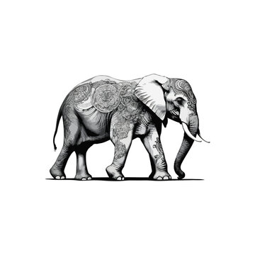 vintage Tribal floral tattoo style Black and white elephant logo. elephant silhouette