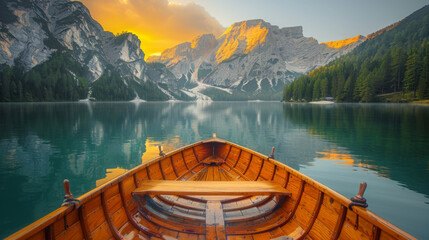 Beautiful view of traditional wooden rowing boat on scenic Lago di Braies in the Dolomites in scenic morning light at sunrise, South Tyrol, Italy. - obrazy, fototapety, plakaty