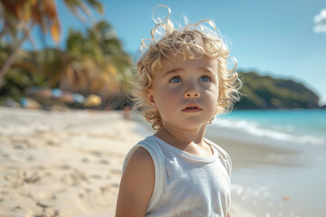 Caucasian child boy walking on sandy coast of tropical sea against background of palm trees
