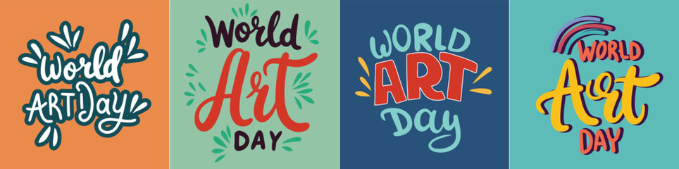 Fototapeta premium Collection of World Art Day text banners in color square composition set. Hand drawn vector art.