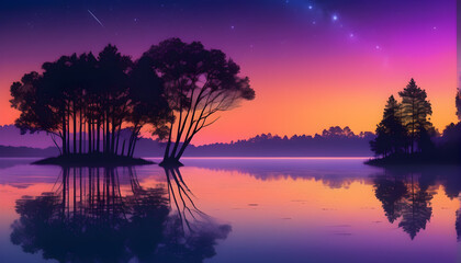 Fototapeta na wymiar Twilight lake sunset with mountain and gradient sky bokeh background