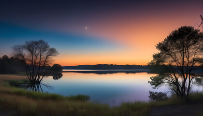 Fototapeta na wymiar Twilight lake sunset with mountain and gradient sky bokeh background