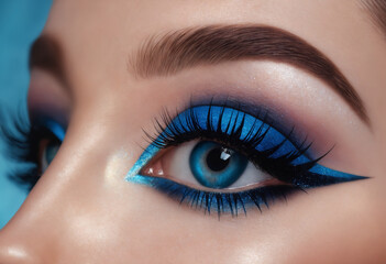 Obraz premium Close up of a woman's eye with blue and aquamarine eyeshadow. Eyeshadow. Makeup.