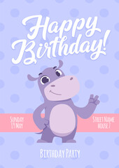 Birthday poster placard with place for text birthday invitation hippo standing