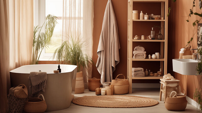 Fototapeta Przytulna łazienka w stylu boho - pomarańczowe i brązowe odcienie wnętrza. Rośliny i wzorzyste tekstylia. Render 3d. Wizualizacja