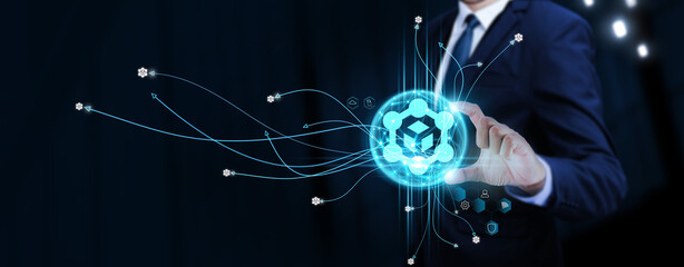 Blockchain Technology: Businessman Touching Digital Global Network of Blockchain Data Exchange. Security, Transparency on Social Network Connection with Hologram Modern Interface, Decentralization. - obrazy, fototapety, plakaty