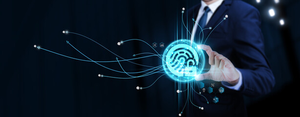 Biometric Security: Businessman Touching Digital Global Network of Biometric Data Exchange. Secure...
